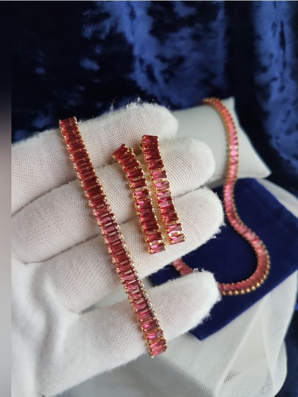 Swarovski Elements Gold Dark Pink Emerald-cut Baguette Tennis Bracelet NEW - Picture 3 of 9